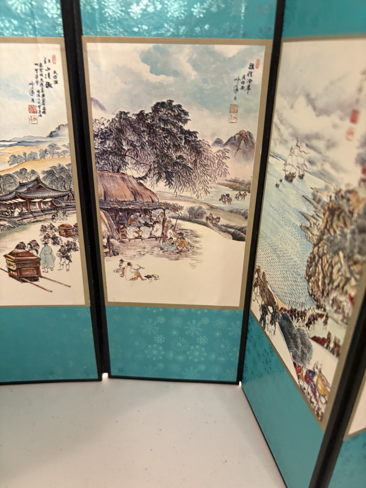 Vintage Chinese Seasonal Art On A Mini Folding Screen