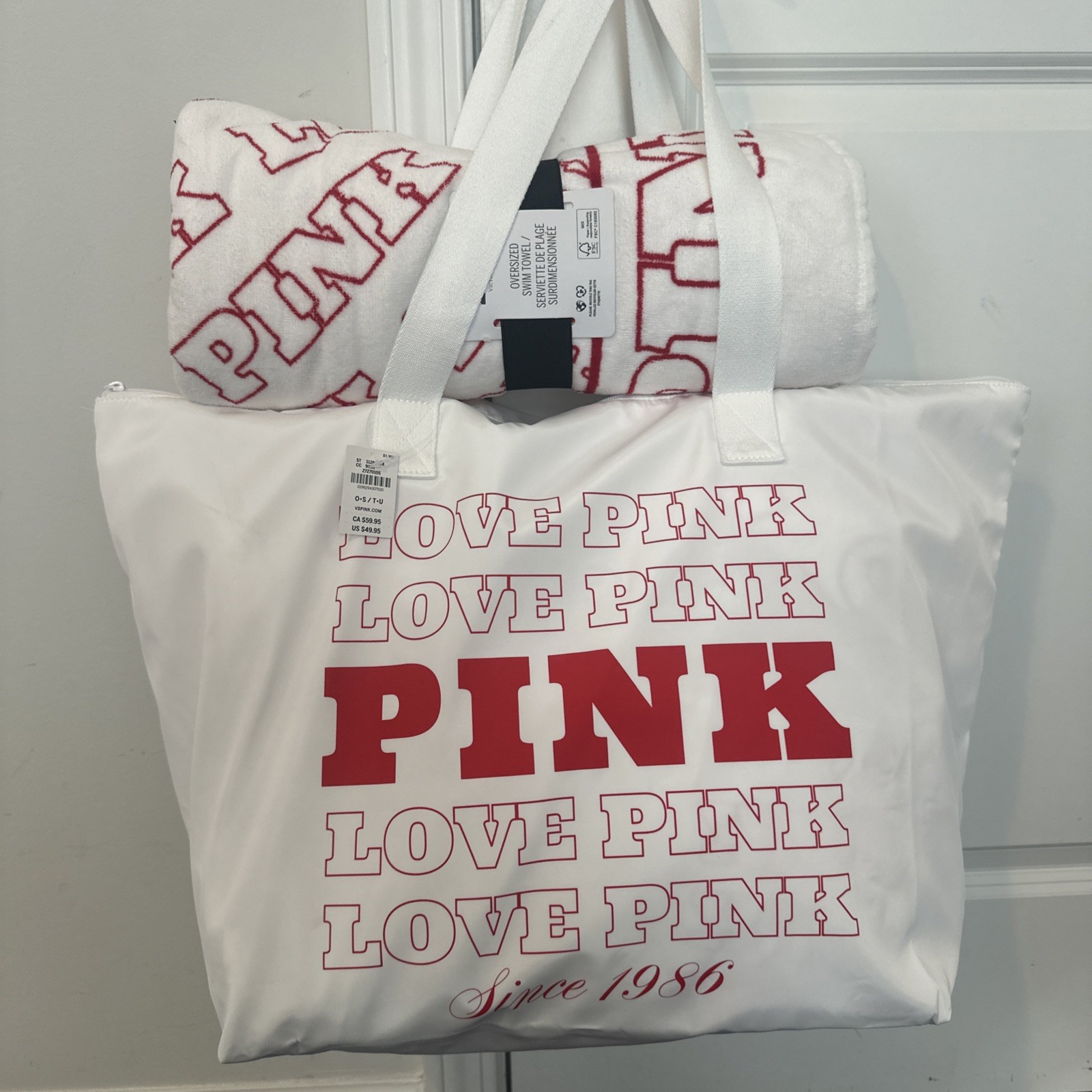 Victoria’s Secret PINK Love Pink Tote Bag & Towel Set White Red Logo Set