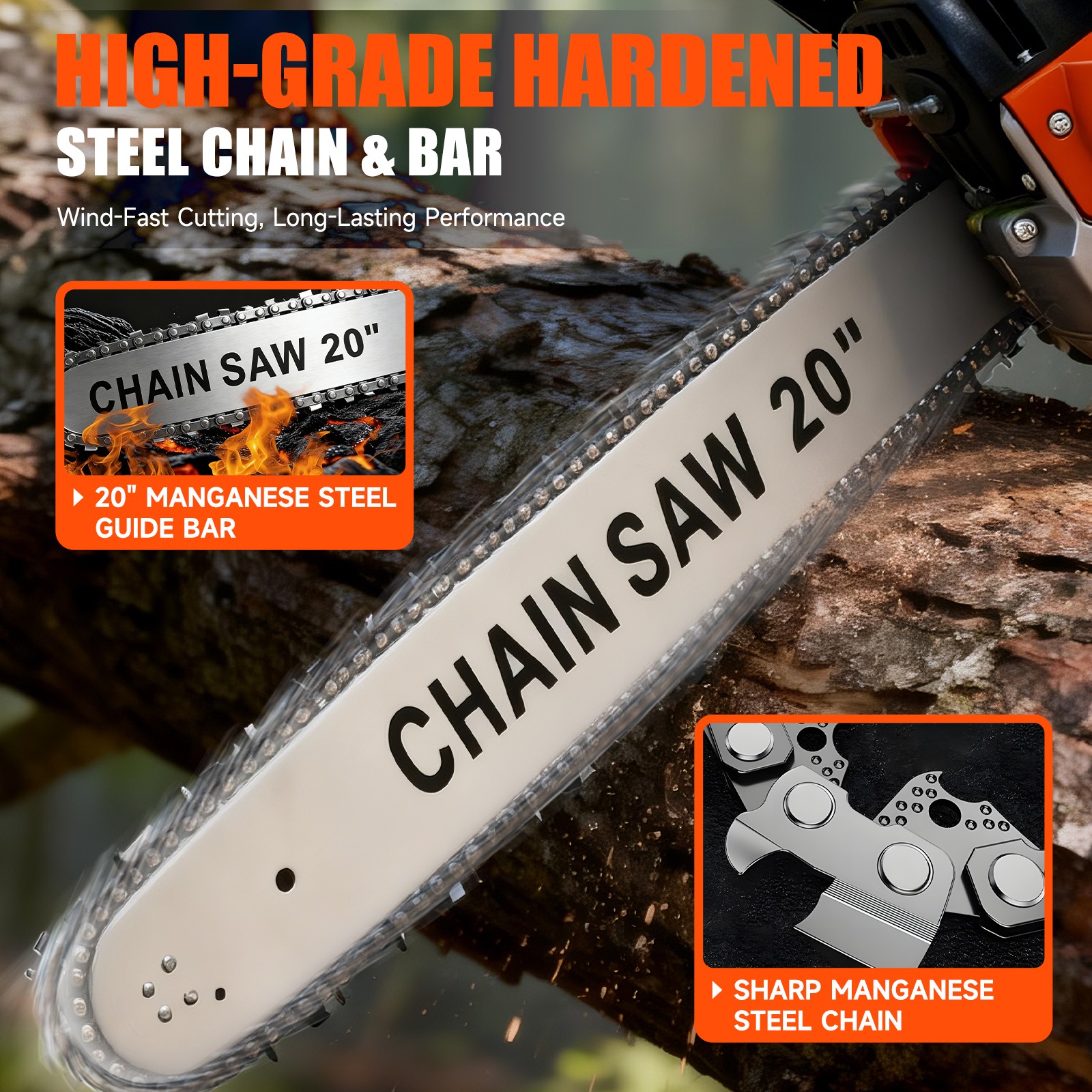 62cc Gas Powered Chainsaw with 20'' Guide Bar Saw Chain 2-Stroke Engine Cut Wood