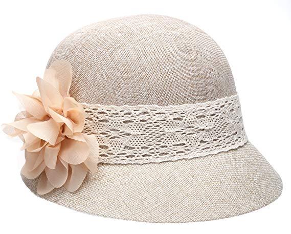 1920's Inspired Women's Gatsby Linen Cloche Hat With Lace Band and Flower