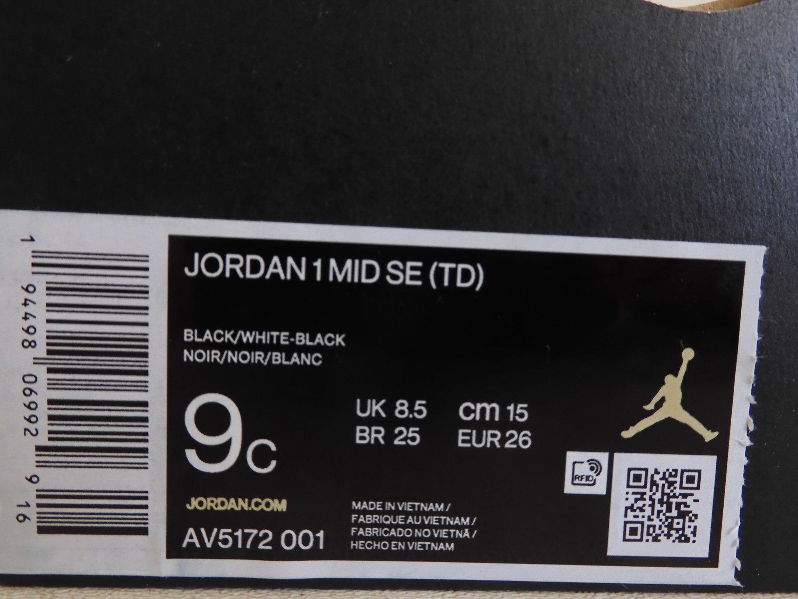 Nike Air Jordan 1 Mid Se (Td) Black-White-Black Speckle Sz 9c [AV5172-001]