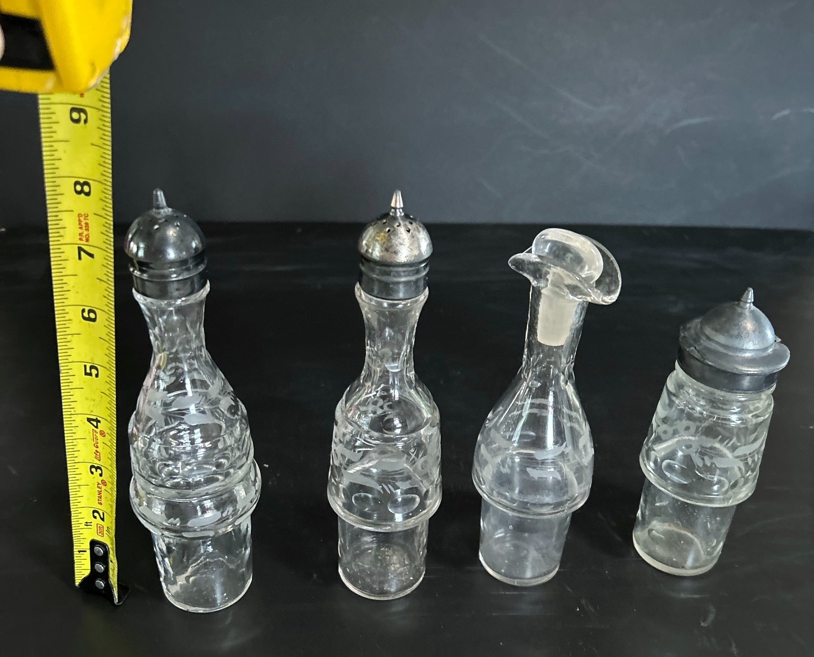 Antique Condiment Cruet Set of 4 Pcs Etched Glass Victorian Style Silver Plate