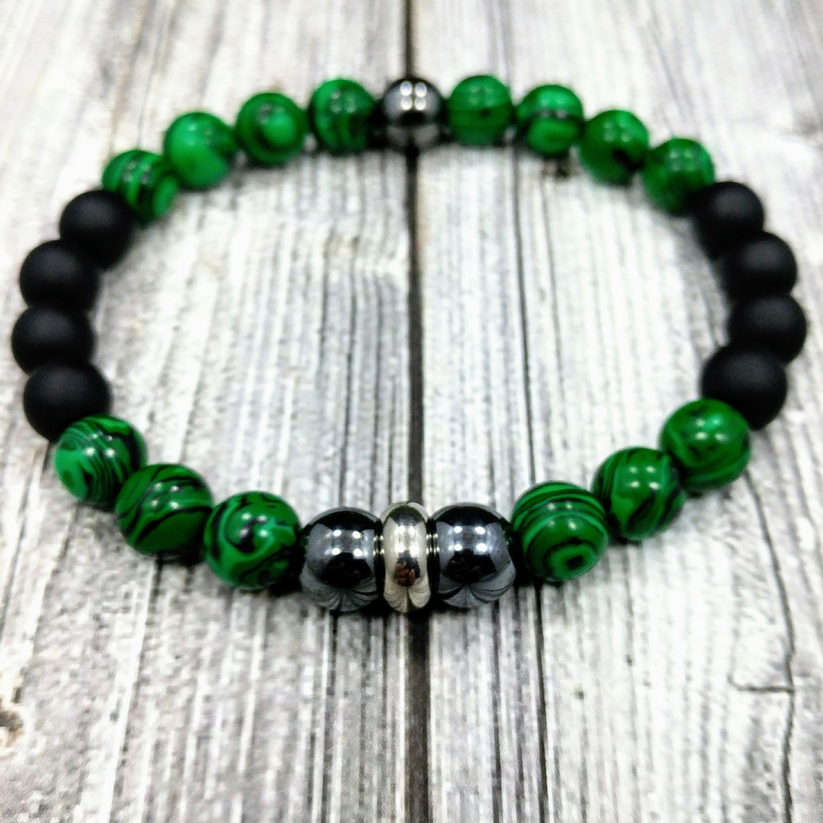 7.5"L STAINLESS STEEL 8mm Malachite+Hematite+Onyx Gemstone Beaded Men's Bracelet