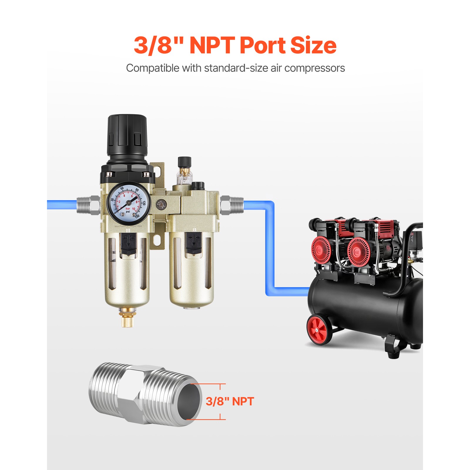 Uimoso Air Compressor Filter Regulator Lubricator 3/8" NPT Semi-Auto 145 PSI Max