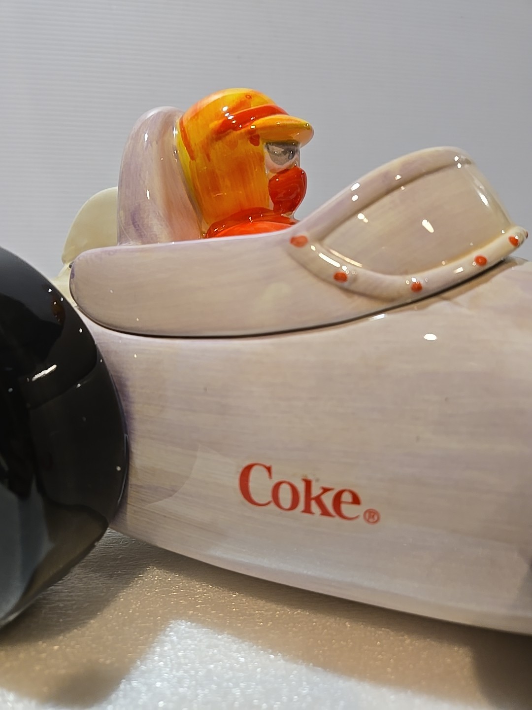 Vintage 2002 Coca-Cola COKE 14" Porcelain Race Car Cookie Jar, Very Good Shape