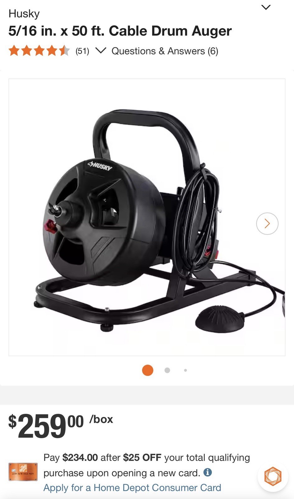 HUSKY-Cable Drum Auger-USED-5/16 in. x 50 ft. Cable Drum Auger