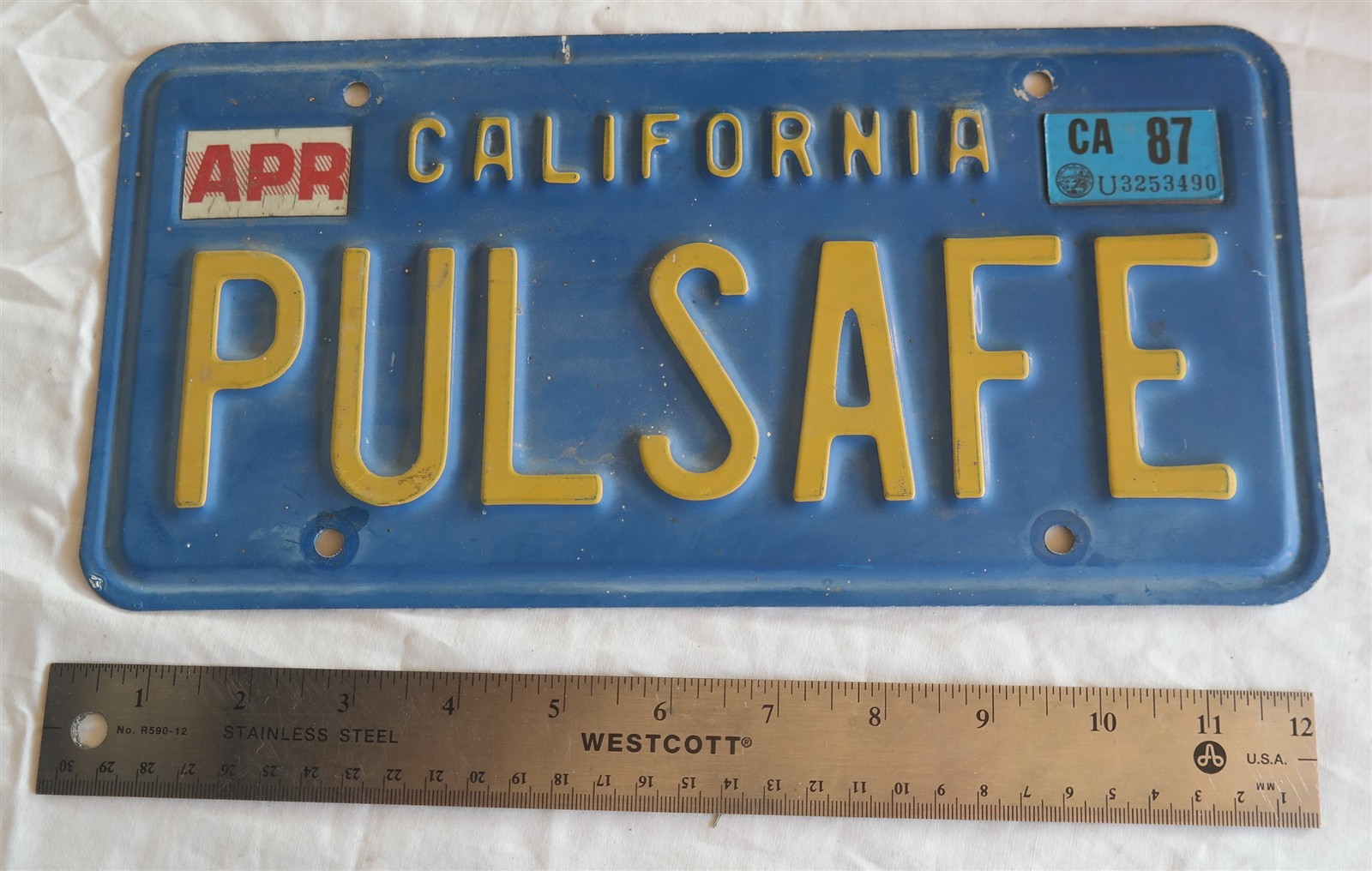 Vtg 1987 Blue Vanity PULSAFE California License plate
