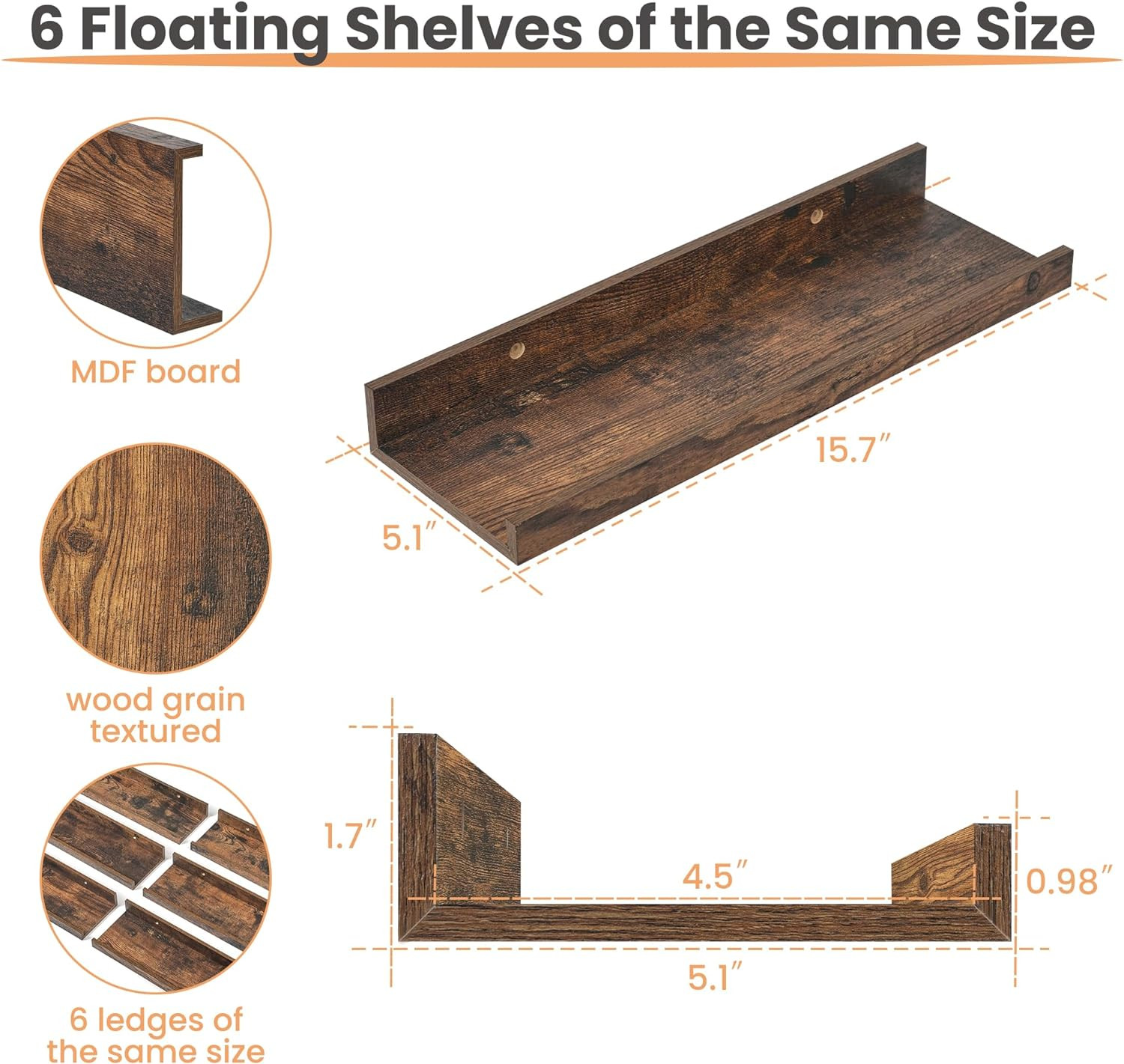 Floating Shelves for Wall, Wall Shelves for Decor Storage Set of 6, Wall Mounted