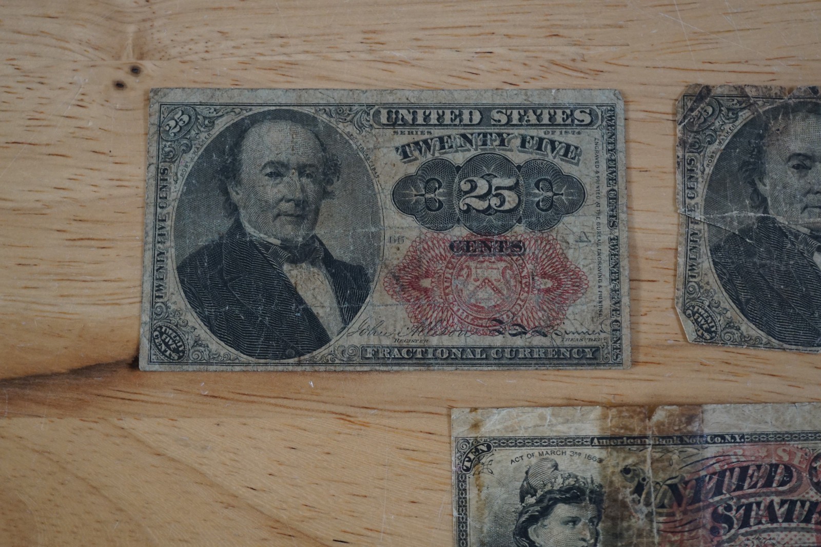 Lot of 2 1874 25c Twenty Five Cents Fractional Currency & 10c Ten Cents 1863