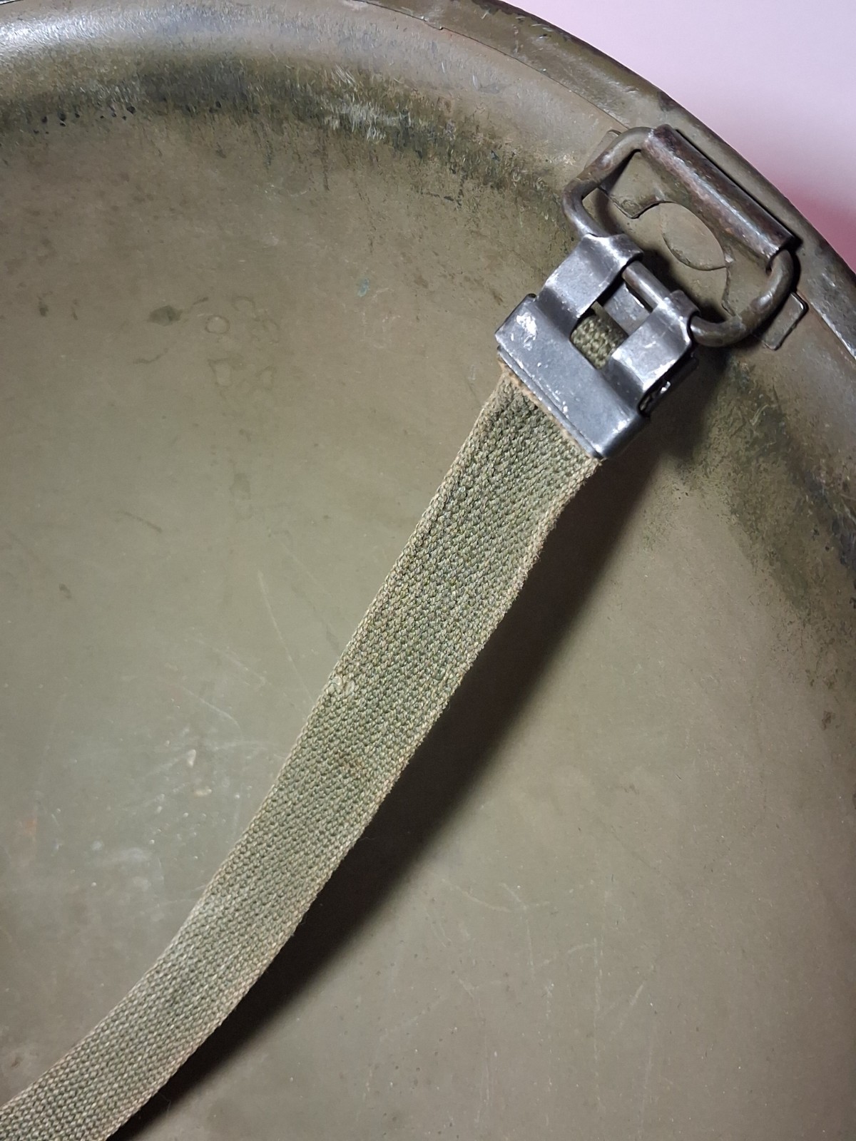 Original WW2 US M1 Helmet Late WWII Rear Seam Swivel Bale VG Post War Chin Strap