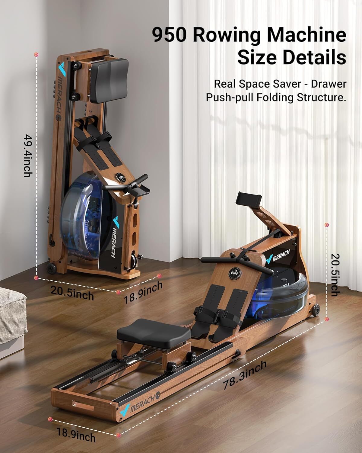 MERACH 950 Foldable Wooden Workout Rowing Machine Water Electromagnetic for Home