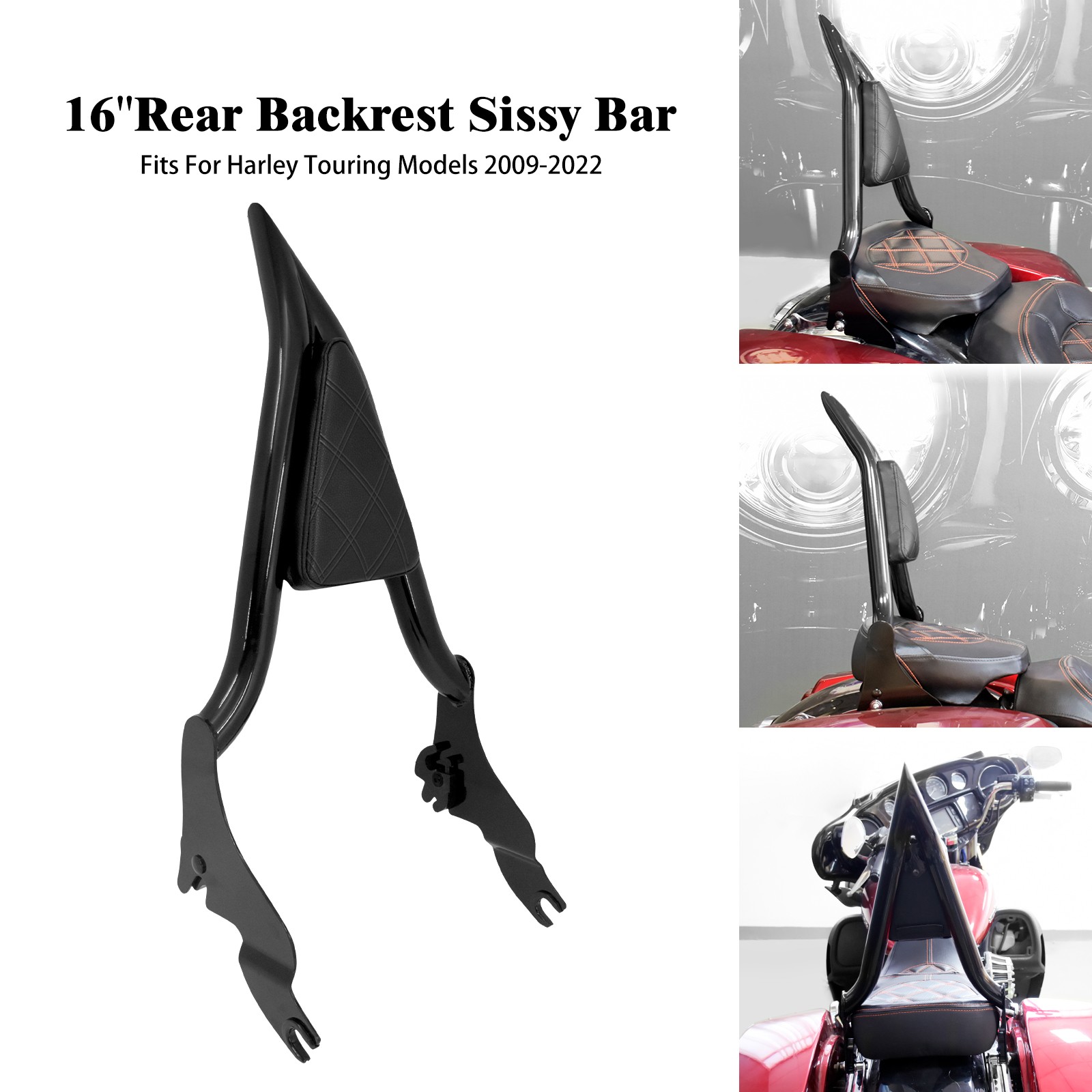 16" Passenger Diamond Backrest Sissy Bar For Harley 09-2025 Touring Street Glide