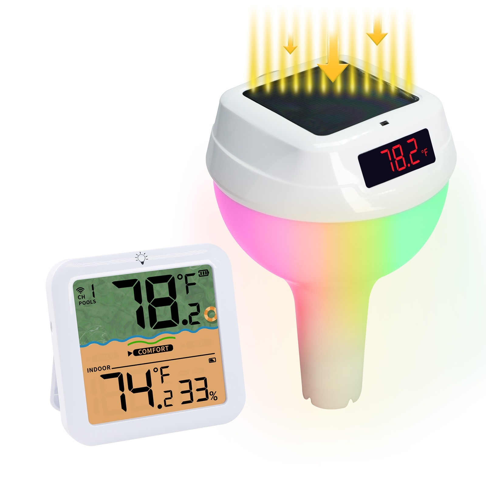ILTH-518 Solar Wireless Pool Thermometer RGB IP68 Floating with Receiver