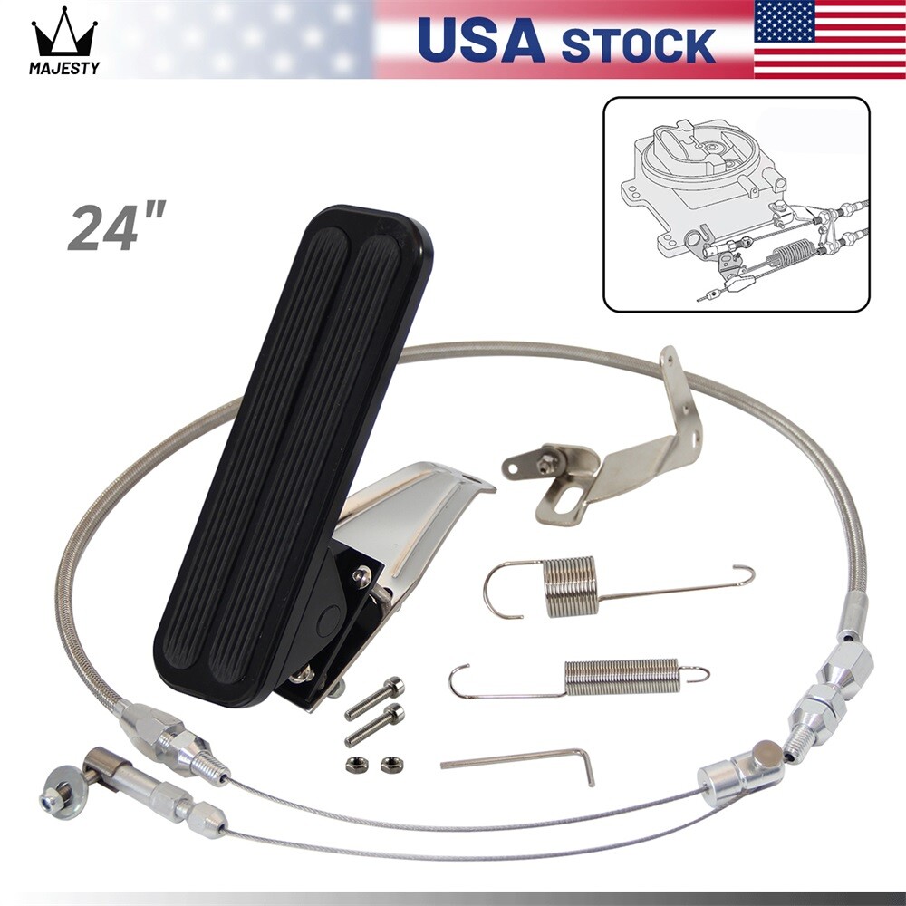 Floor Mount Gas Pedal + 24" SS Throttle Cable & Bracket Spring Set Street Rod