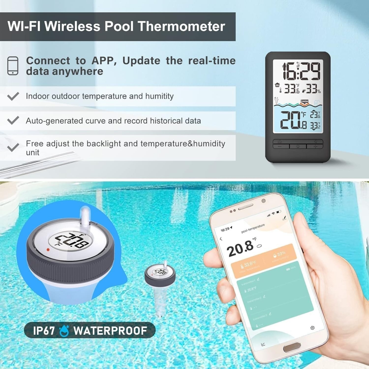 Wireless WiFi Pool Thermometer 4" Digital LCD Display Water Swimming Pool