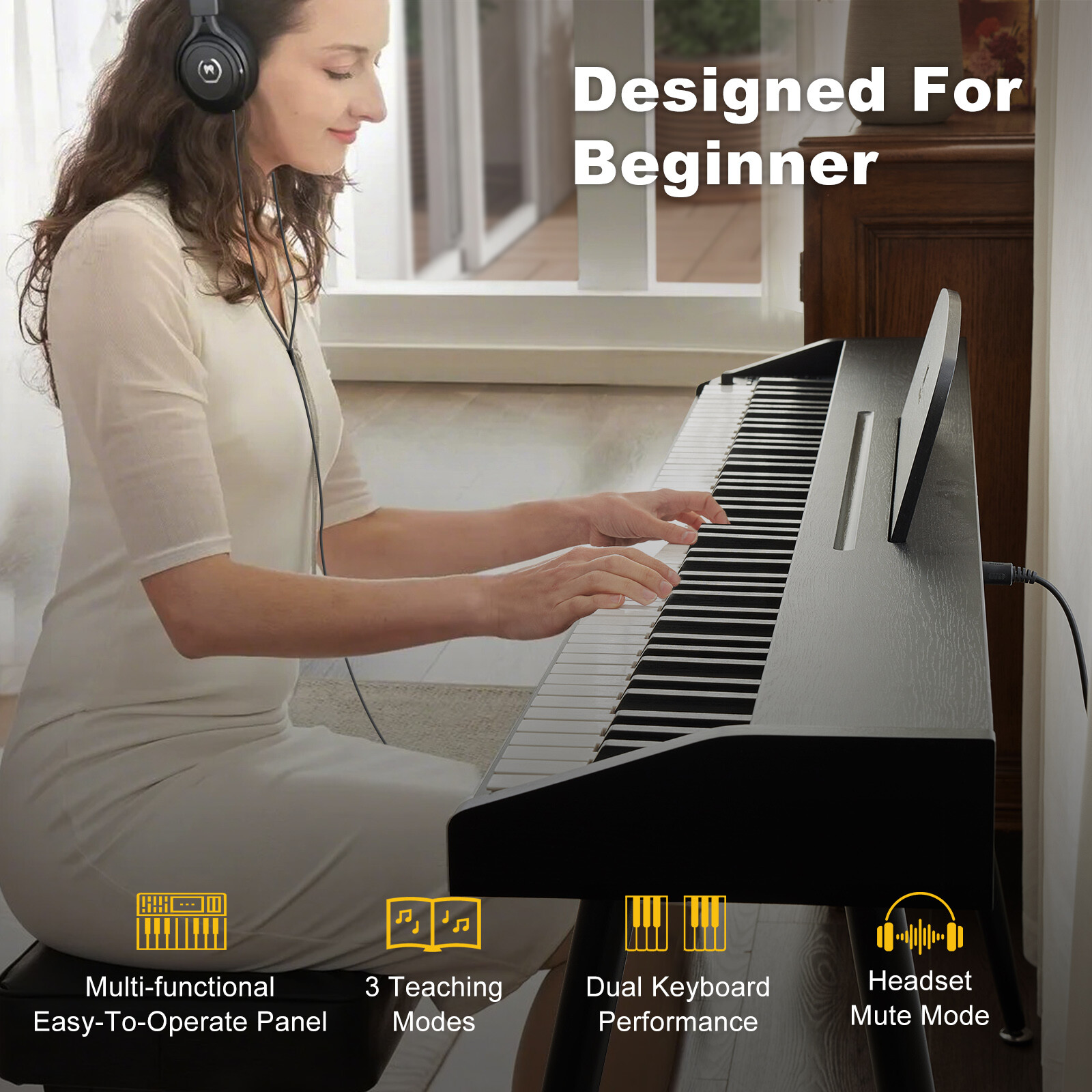 Black/White/Brown 88 Keys Semi Weighted Digital Piano Keyboard 3-Pedal USB/MIDI