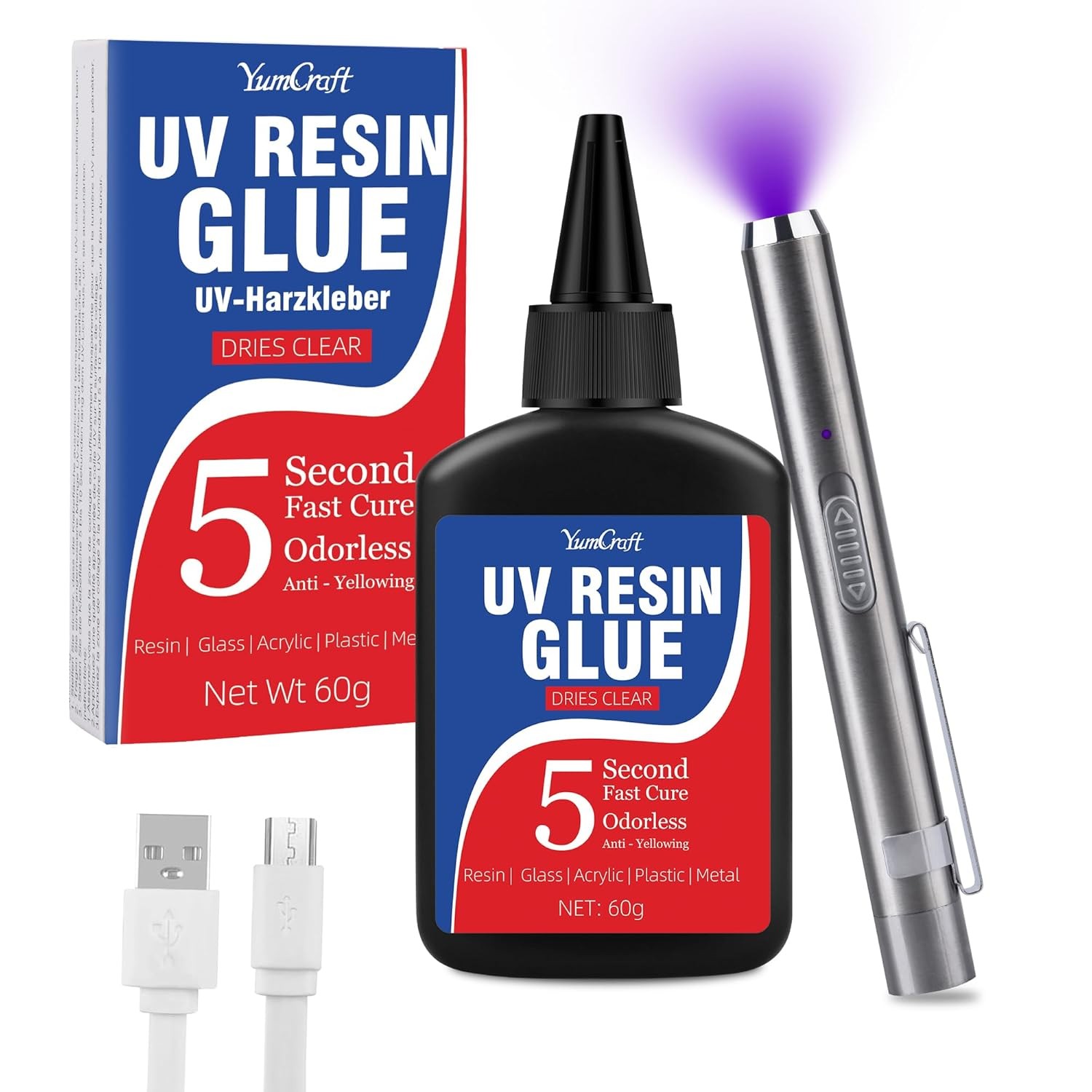 UV Resin Kit with Light 60g UV Glue with Rechargeable Light 5 Second Fast Cur...