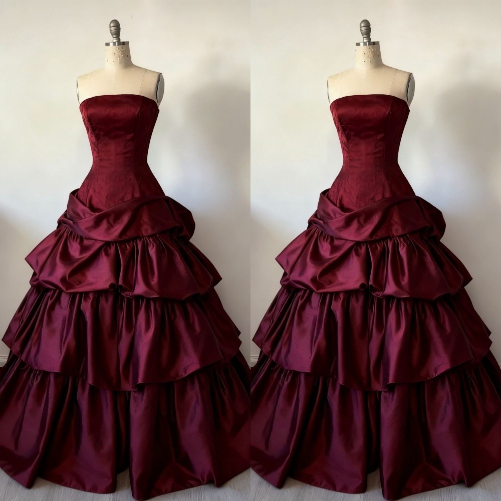 Burgundy Wedding Dresses Strapless Ruched A Line Tiered Satin Bridal Gowns