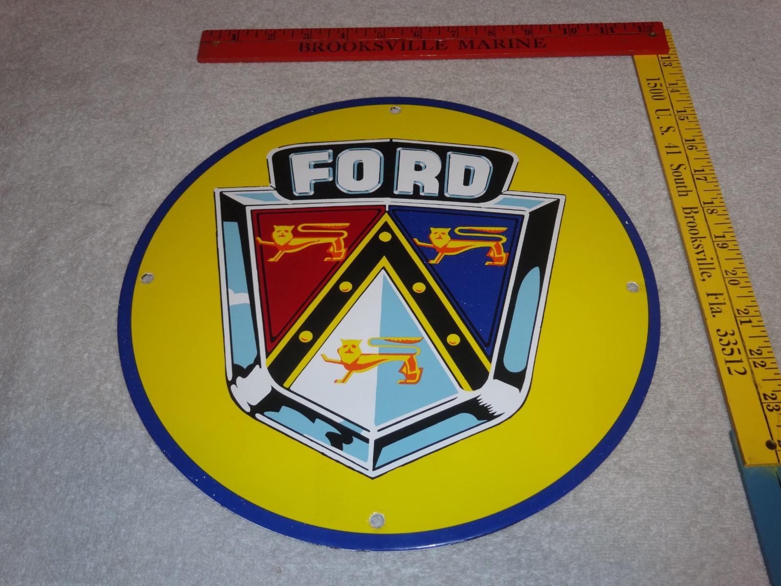 VINTAGE 11 3/4 in FORD AUTOMOBILE & TRUCK ADV. SIGN HEAVY METAL PORCELAIN #S 217