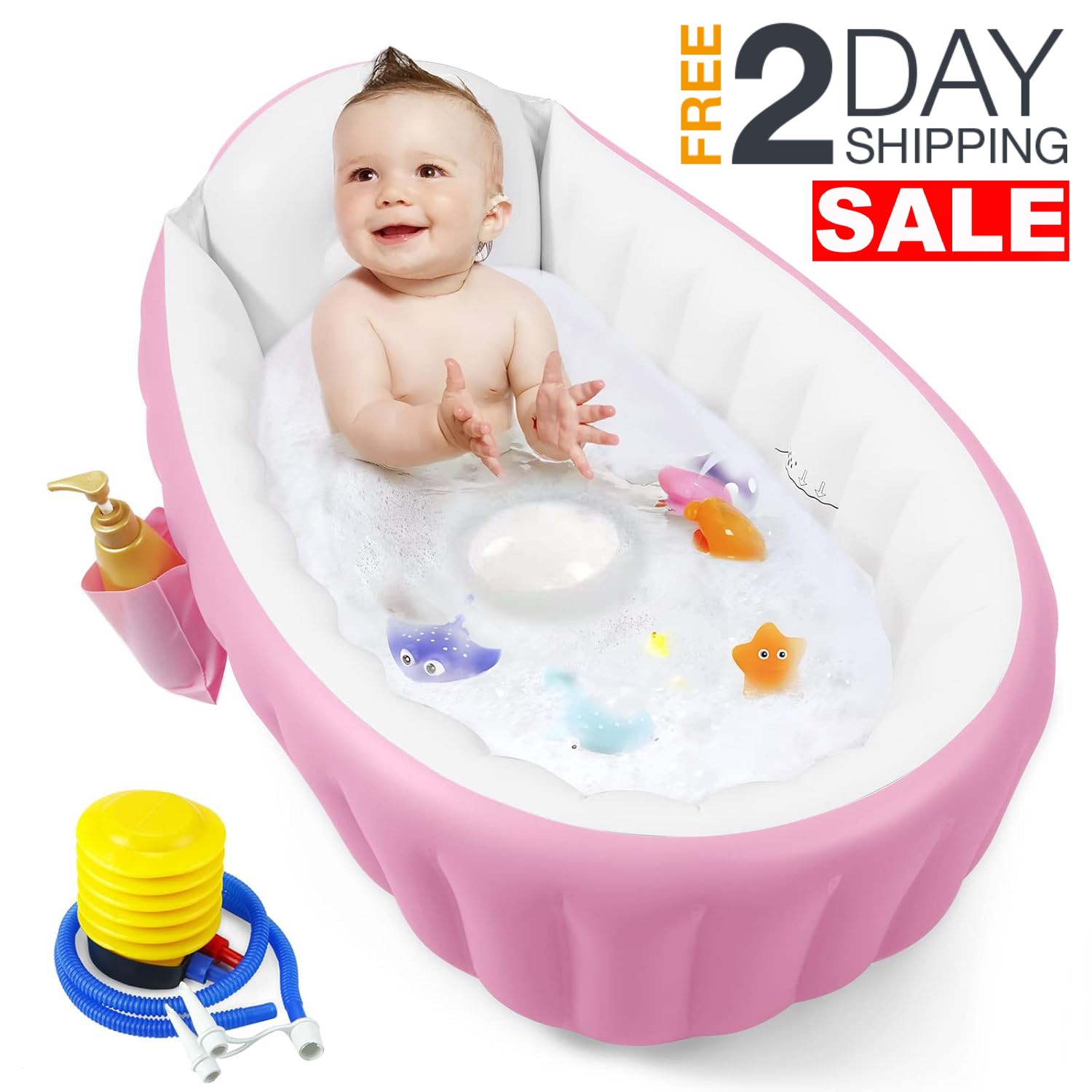 Bañera Inflable PVC Rosa Para Bebe 6 a 12 Meses Niñas 1 2 Años Con Bomba De Aire