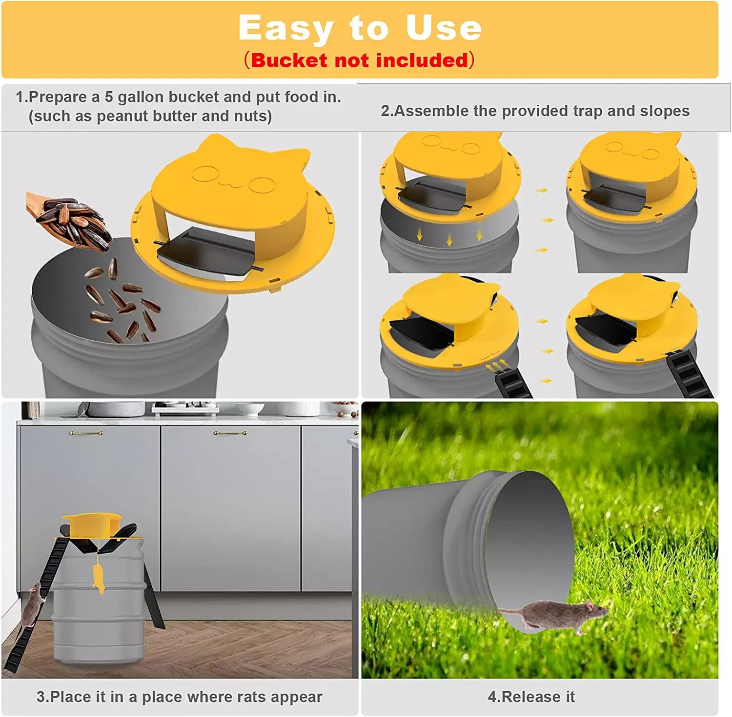 Mouse-Rat-Rodent Trap "Flip & Slide" 5 Gallon Bucket Lid Multi Catcher US