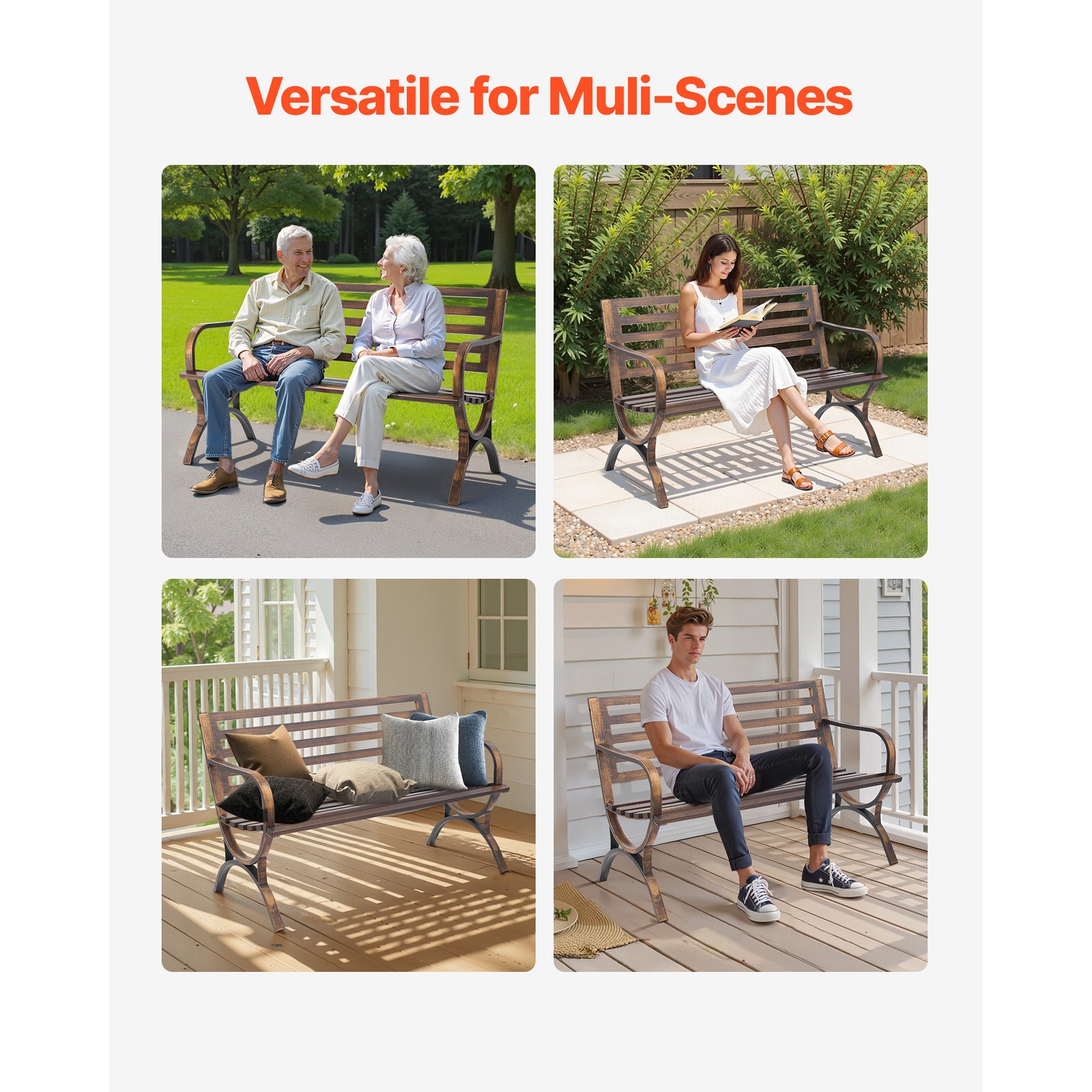 Outdoor Bench Patio Bench 50 inch Metal Frame Slatted Backrest for Porch