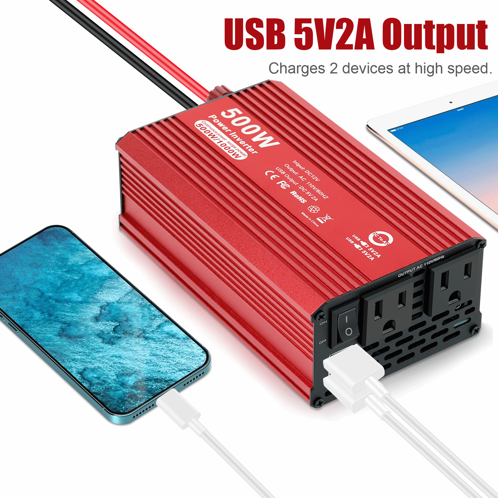 500W Car Power Inverter DC 12V To AC 110V 120V Adapter Converter 2 USB 2 AC