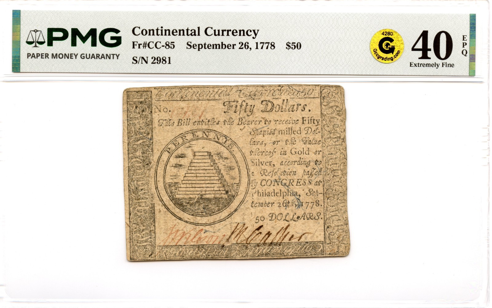 Continental Currency Fr#CC-85 September 26, 1778 $50 PMG XF-40 EPQ GCC Gold