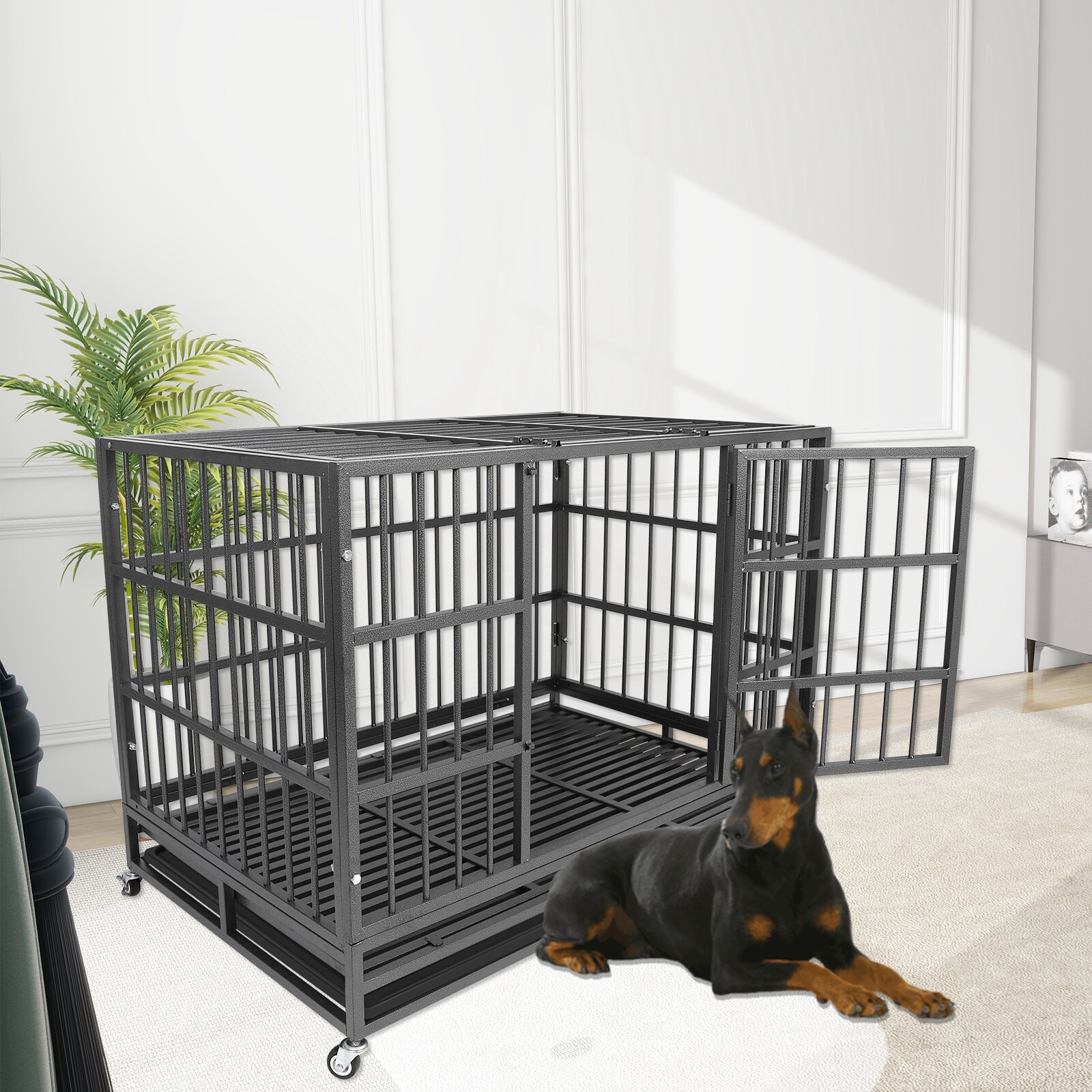 47" Heavy Duty Dog Kennel Iron Dog Cage Pet Crate for Large Dogs