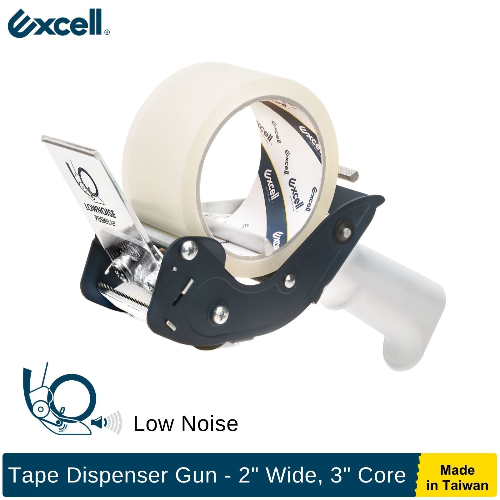 Excell Low Noise Tape Gun 2" Tape 3" Core, Quiet Tool for Carton & Box Sealing