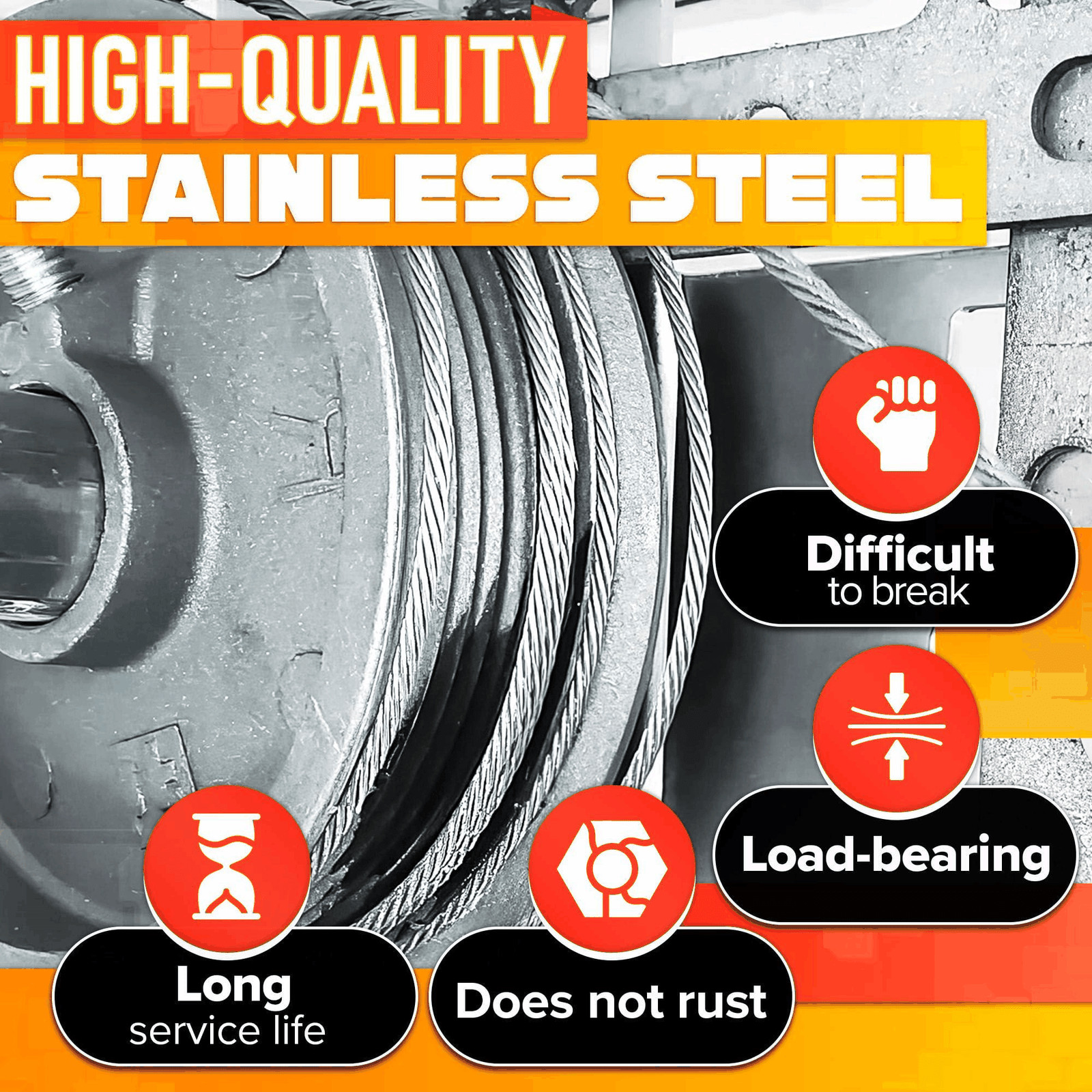 Garage Door Cable for 8 ft Door – 9 ft 7 in Long Heavy Duty 304 Steel