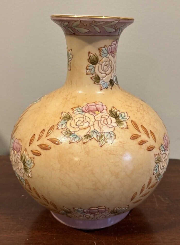 Chinese Porcelain 8" Vase Beige Pastel Embossed Flowers Leaves Pink Peach Blue.