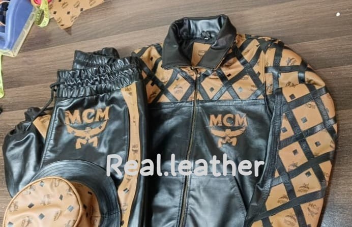 Vintage MCM Black Leather Tracksuit Jacket Pants & Bucket Hat Set Monogram Logo