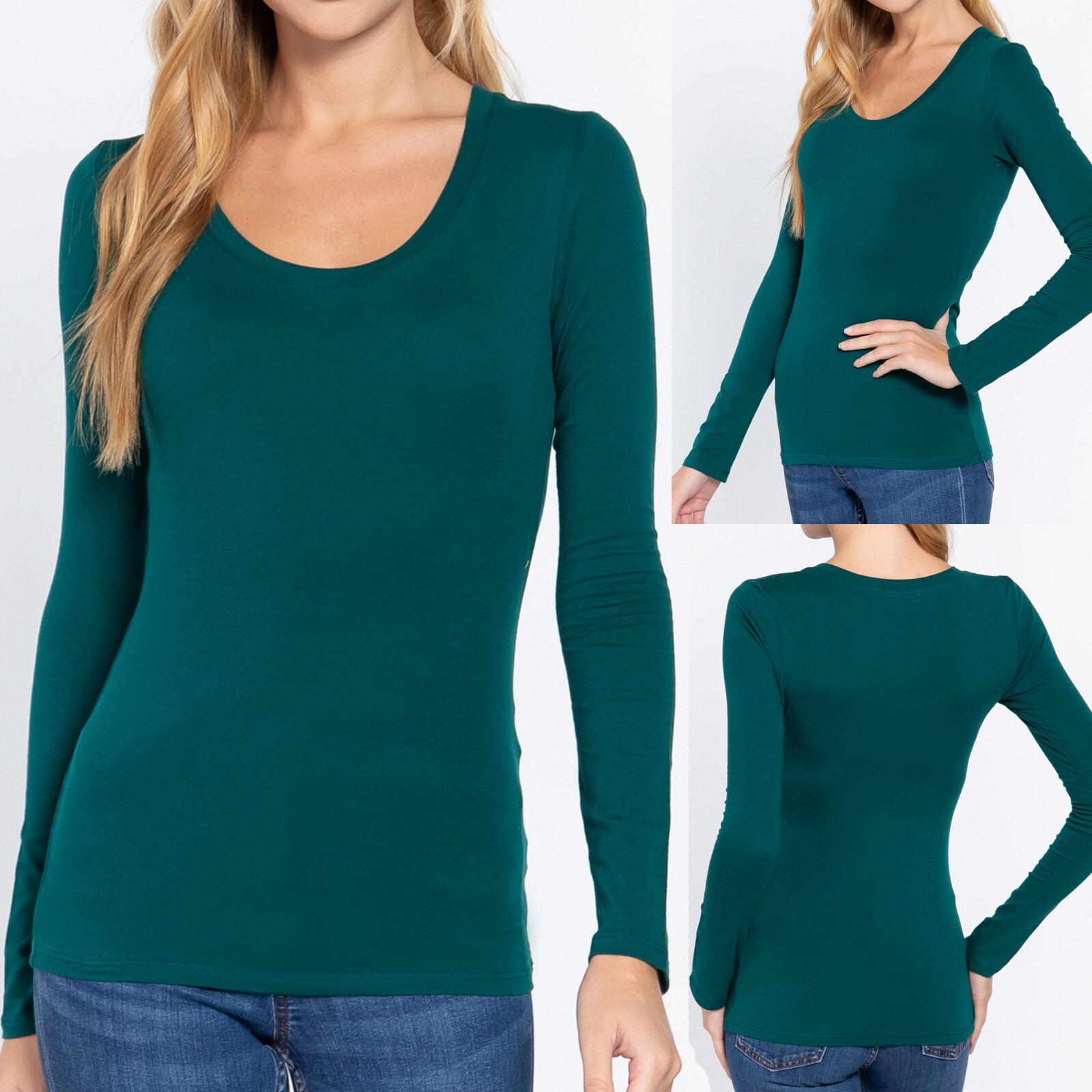 Womens Scoop Neck Cotton Long Sleeve Top T-Shirt Plain Stretch Fitted Layering