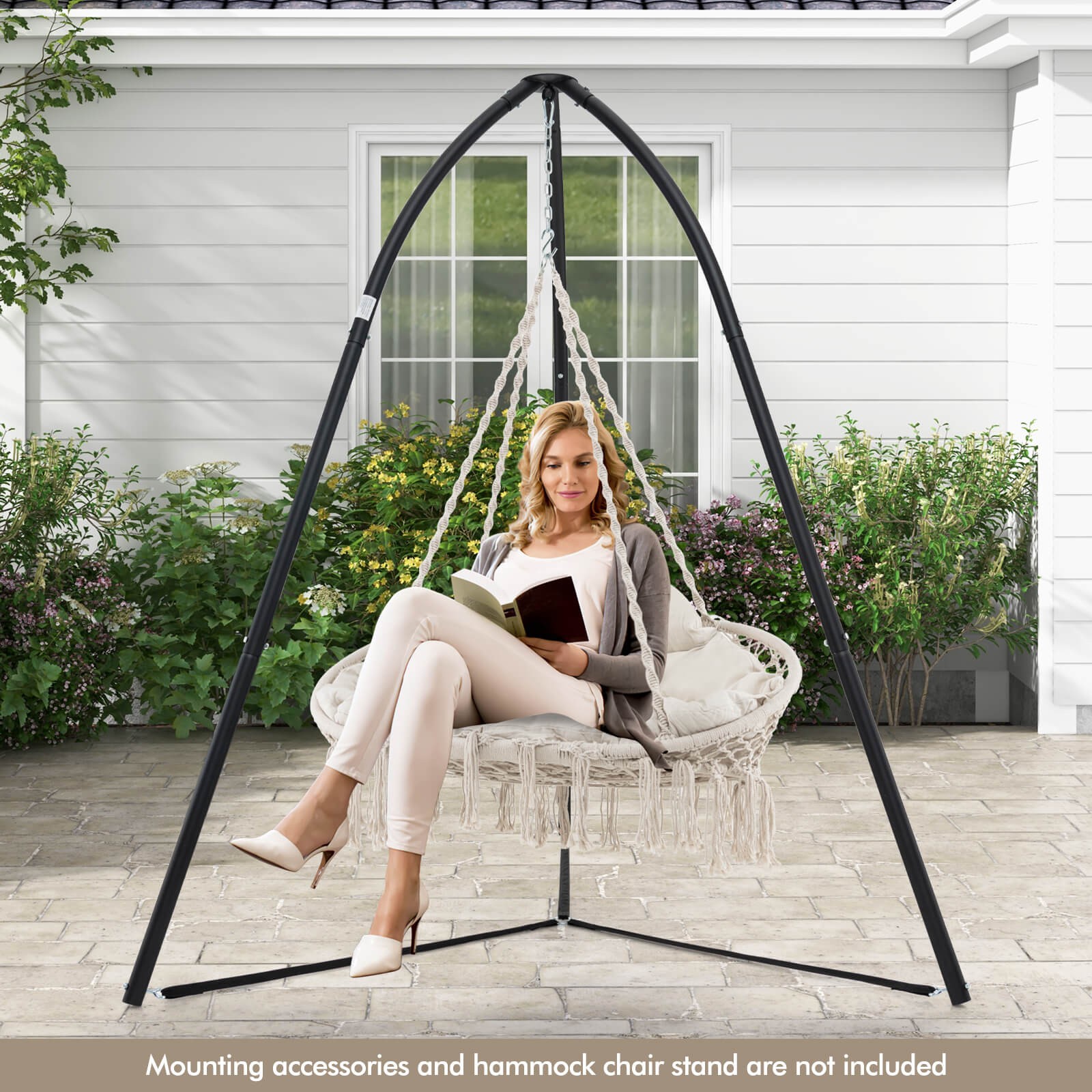 Swing Chair Hand-Woven Rope Hanging Chair w/Thick Cushion & Folding Metal Frame