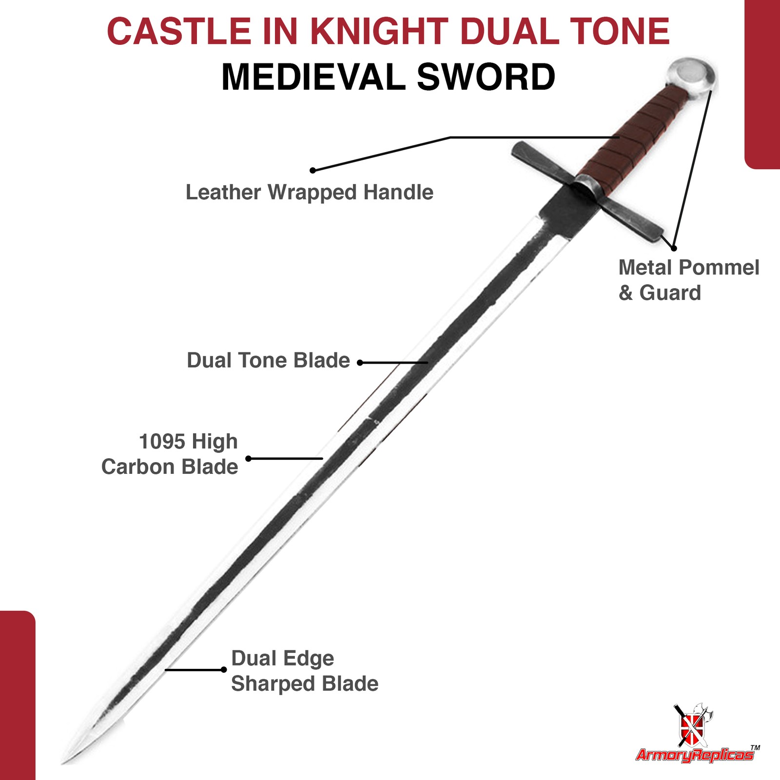 Castle in Knight Medieval Sword 1095 Carbon Steel Dual Tone Blade w/ Sheath