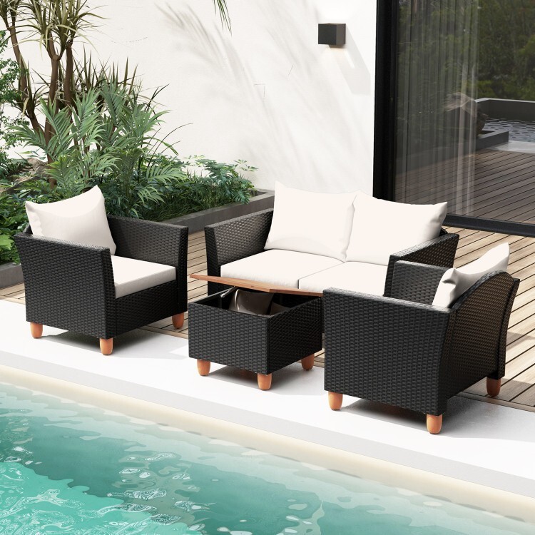 4PCS Patio Outdoor Furniture Conversation Rattan Sofa Set w/Storage Coffee Table
