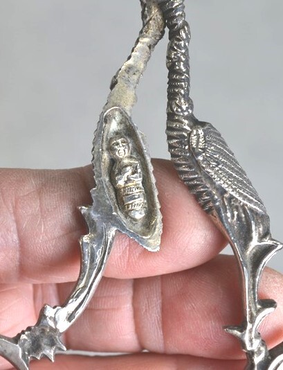 early period midwife stork umbilical clamp babies 19th c silver original antique