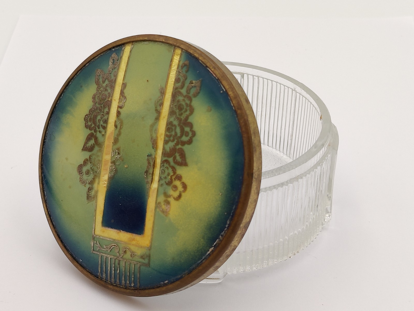 Antique Vanity Glass Powder Jar 3.5"D x 2"H