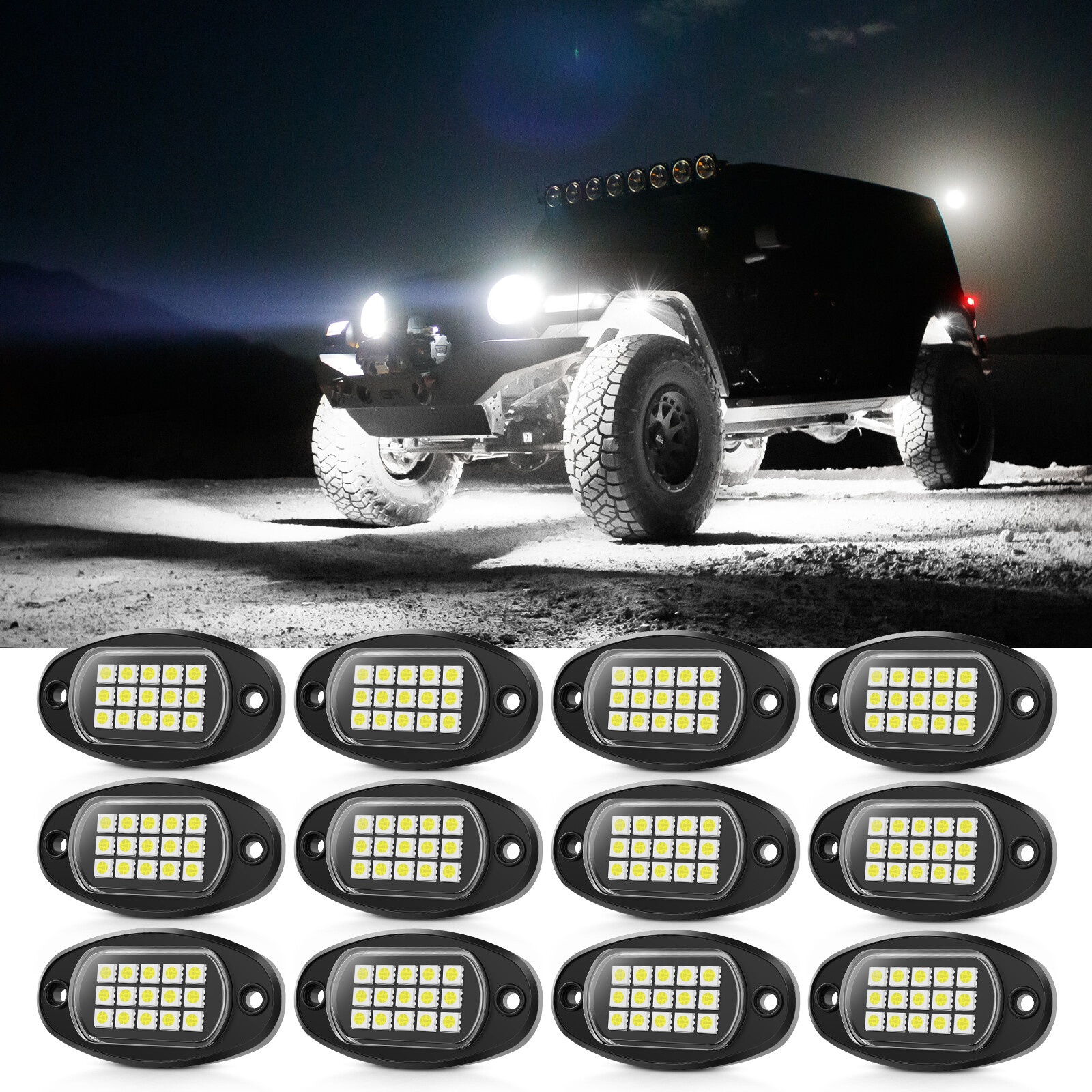 12 PCS Pure White LED Rock Lights, Waterproof Underglow Underbody Lighting Kit