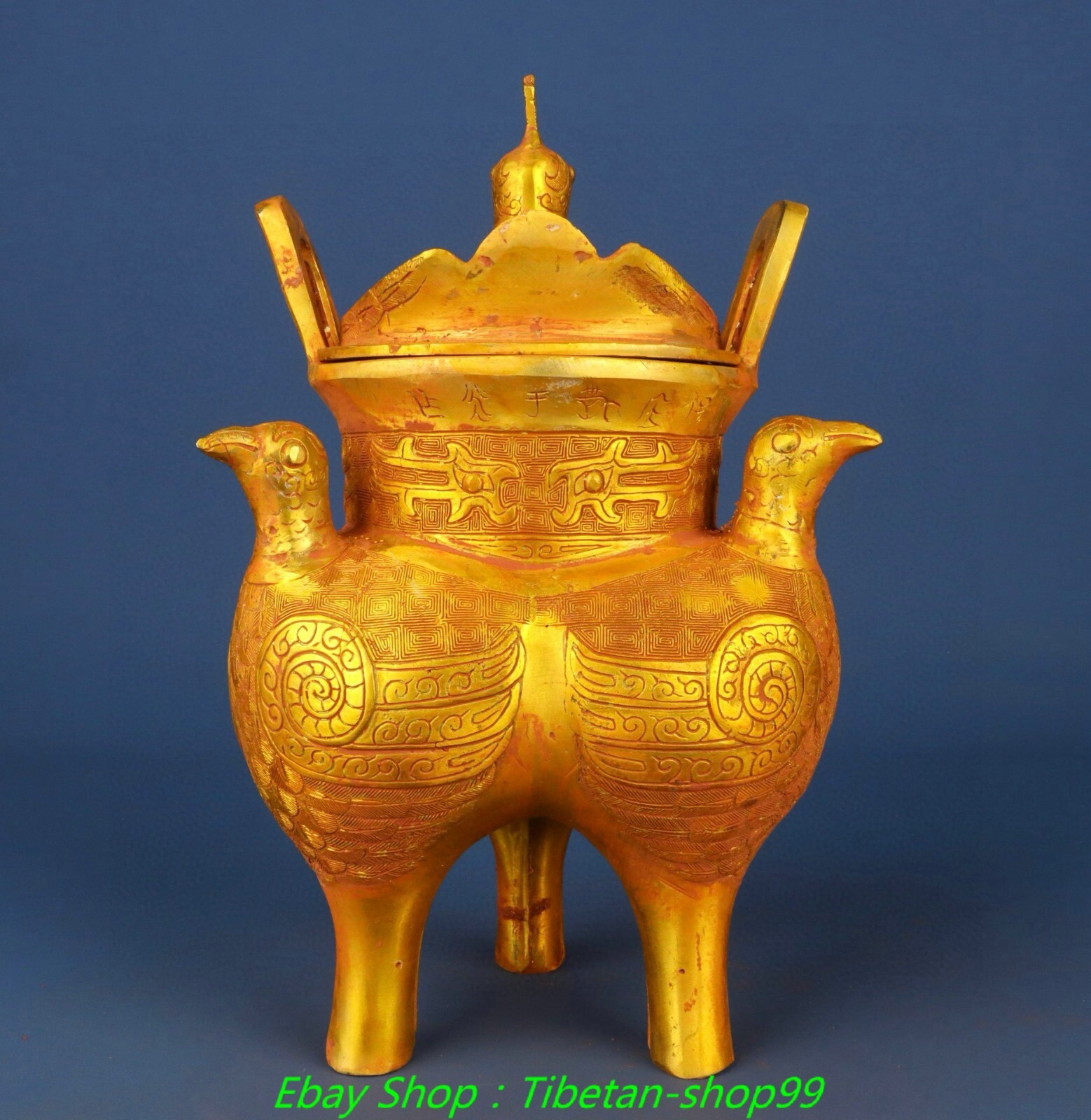 11.8''Old Dynasty Bronze Ware Gilt Inscription 3 Bird Incense Burner Censer