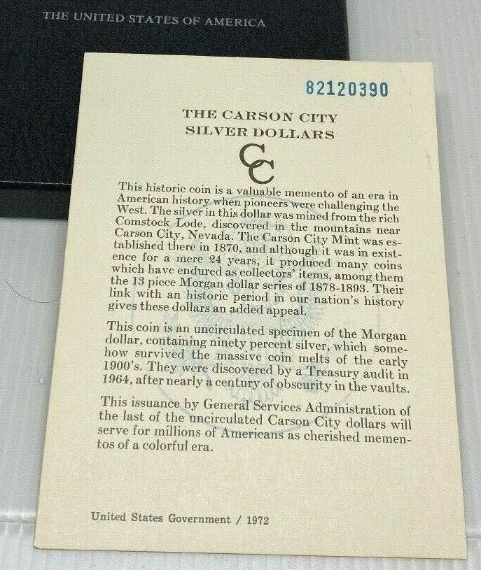 1882 GSA COA Certificate Original Card for CC Morgan Silver Dollar (1card)