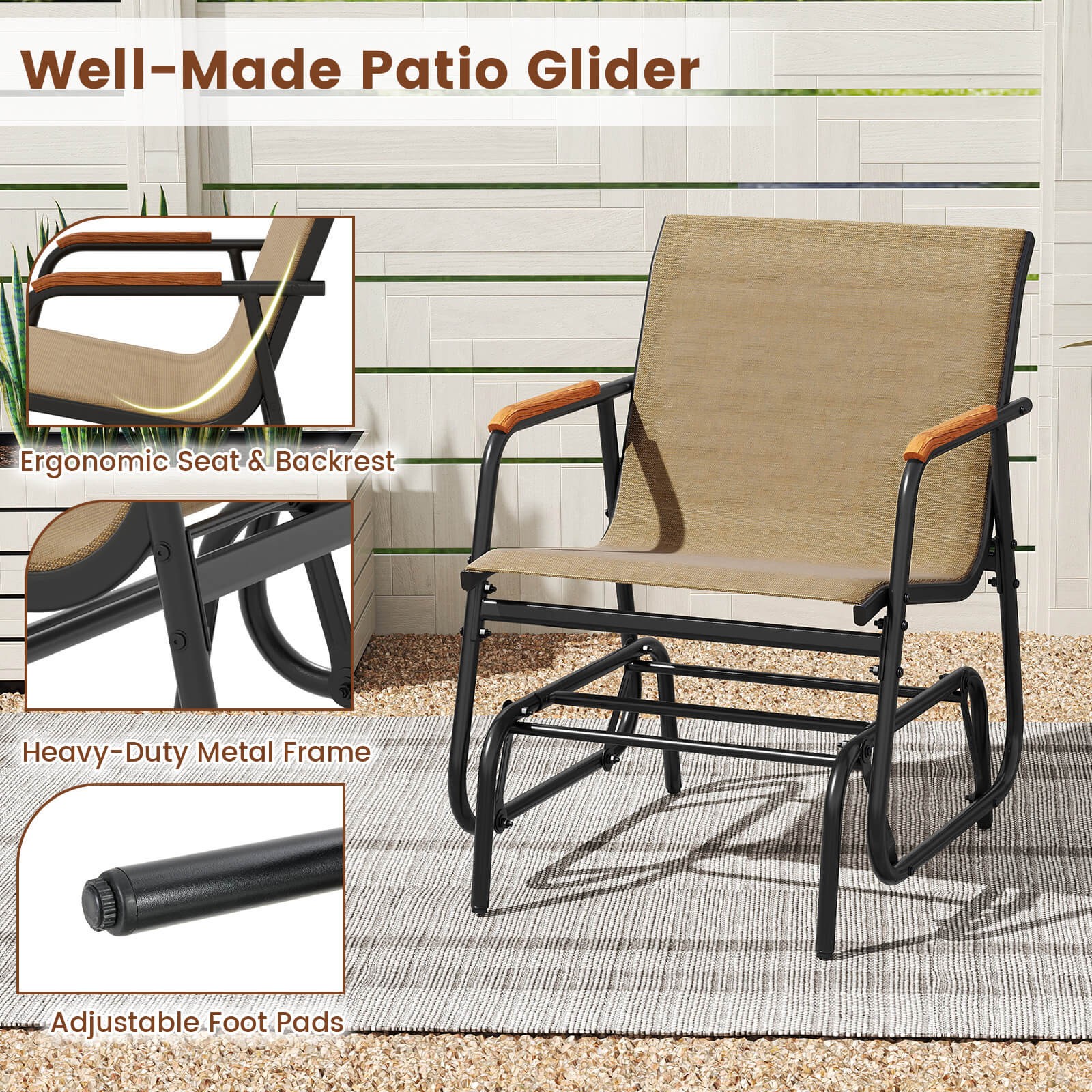 Patio Glider Chair Set of 2 w/ Curved Teak Armrests & Breathable Fabric Seat