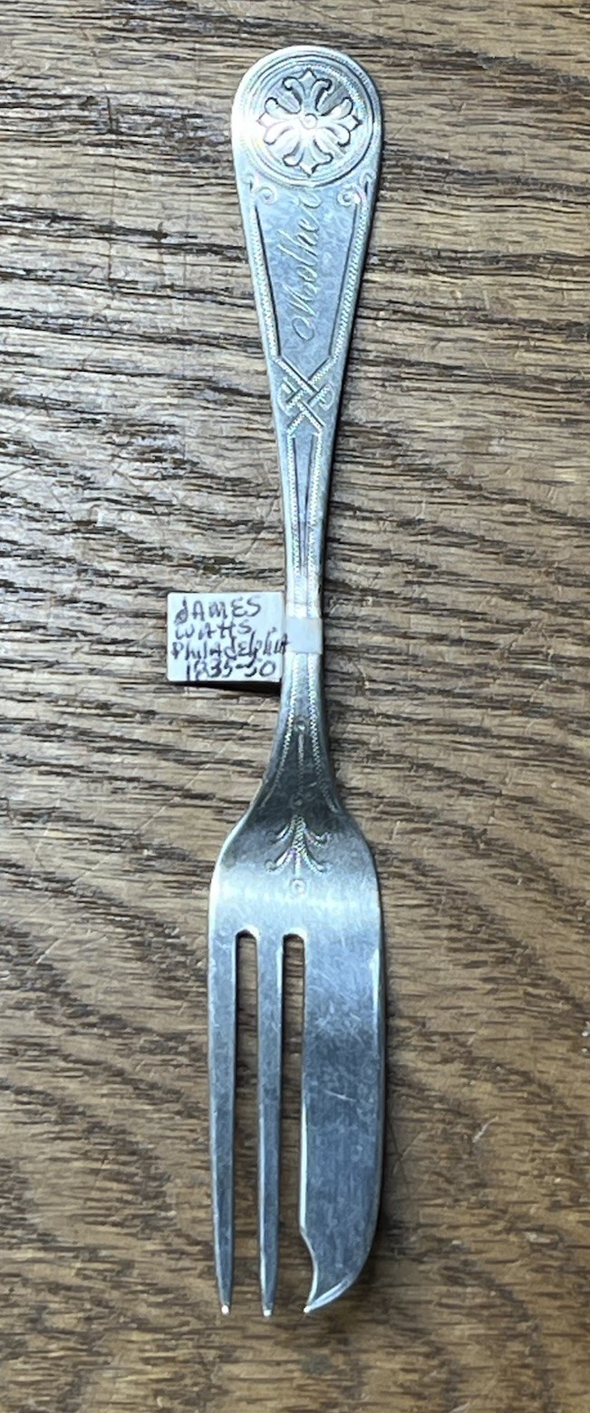 American Coin Silver Old Style 3 Tine Engraved Pickle Fork James Watts Phila