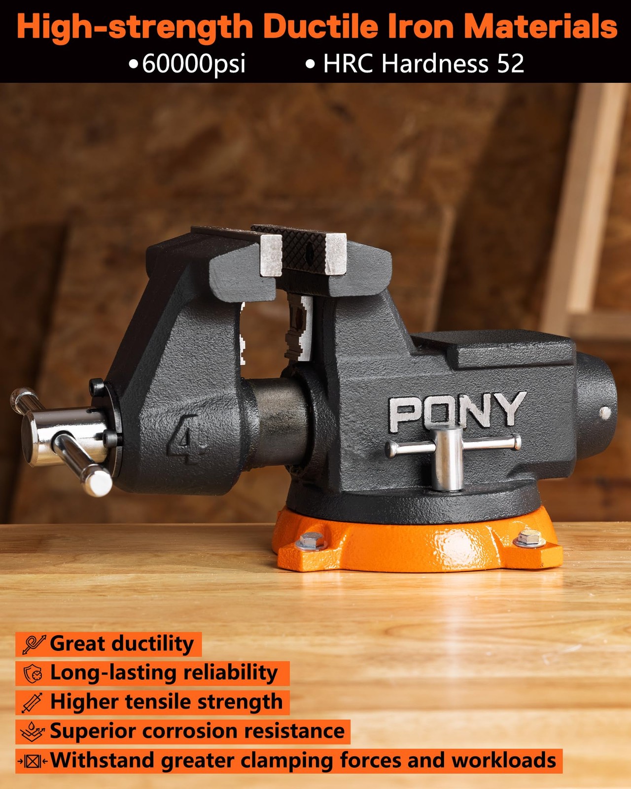 PONY 4“ Heavy Duty Bench Vise 4400LBS Clamping Force Pro Workshop Workbench Vise
