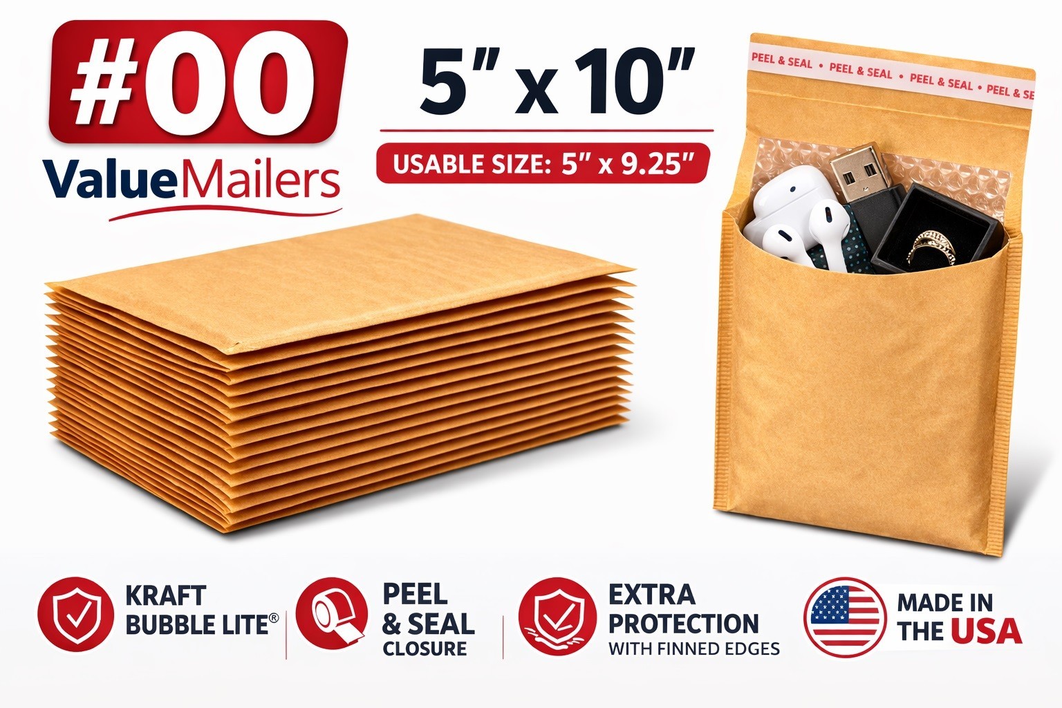 #00 Bubble Lite 5x10 Kraft Bubble Mailers Padded Envelopes Bags 100, 250 To 2000