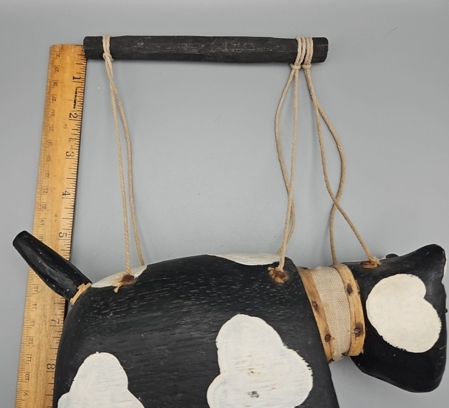 Vintage Black and White Folk Art Cat Marionette, 9" X 8.75", 15" W/Handle