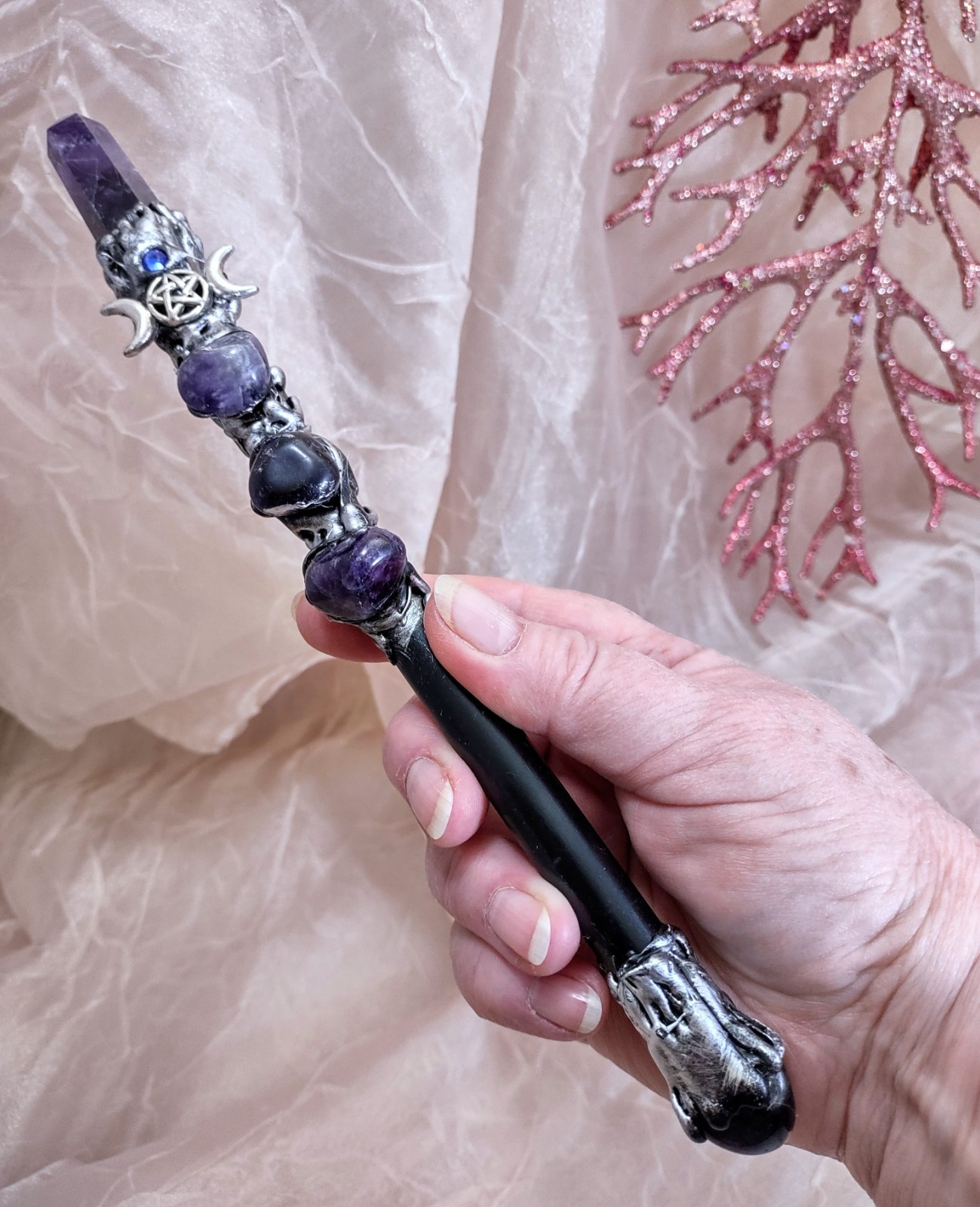 Magic Wand  Amethyst Point & Silver Triple Moon Pentacle  10" Wiccan Pagan Witch