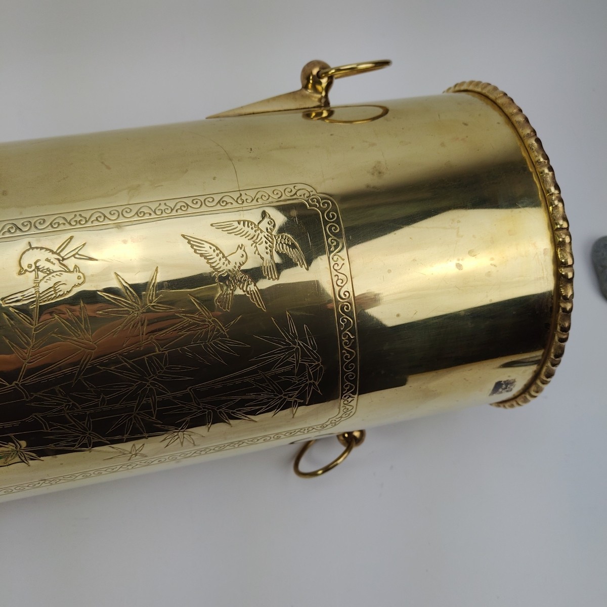 Vintage Brass Umbrella Cane Holder Stand 18" with Decorative Handles Asian Motif