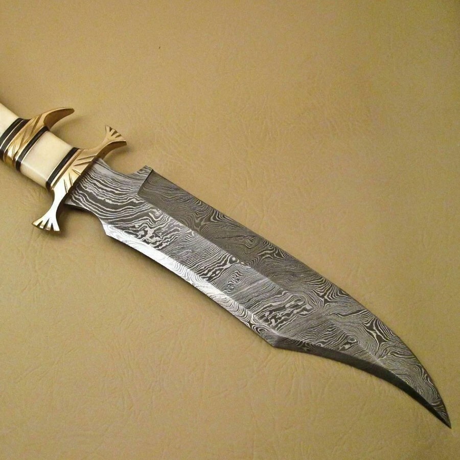 Handmade Damascus Bowie Knife Sharp Blade Camel Bone Handle With Leather Sheath